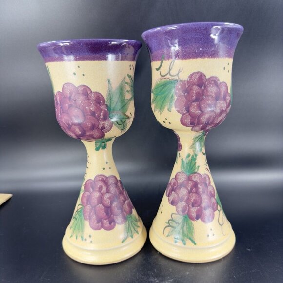 Studio Art Pottery Hand Made Goblets Drinking Wine Glasses Signed Purple Grapes - Picture 7 of 16